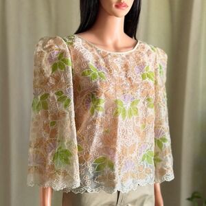 Vtg 90s Raffaella Sheer Floral Embroidered Blouse Gold Metallic Pearl Button M